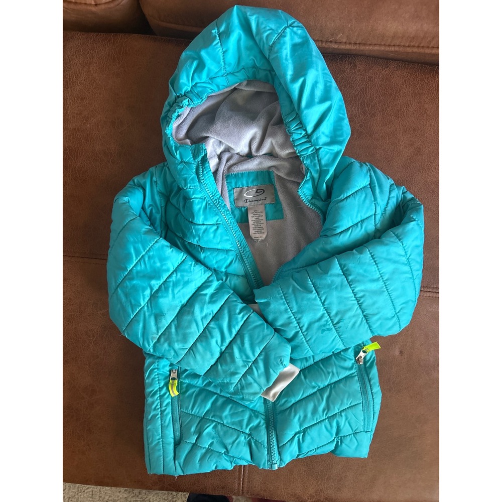 Champion Puffer Jacket Girls XS Turquoise Blue Quilted Hooded Fleece